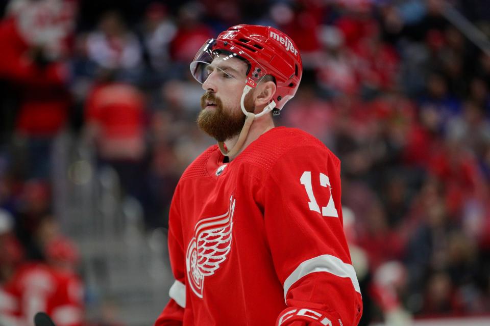 Red Wings defenseman Filip Hronek looks on during the second period of the Wings' 4-1 win over the Rangers on Thursday, Feb. 23, 2023, at Little Caesars Arena.