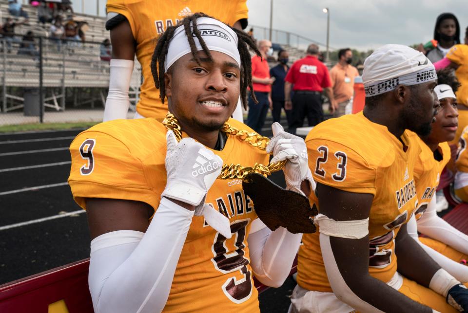 Glades Central Robert Harris after his pick 6 against Atlantic in Belle Glade, Florida on September 9, 2021.