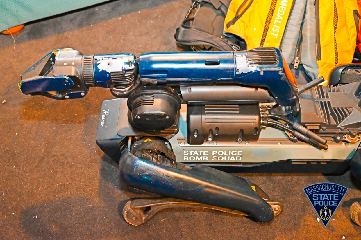 The Massachusetts state police robot dog nicknamed Roscoe was used March 6 to enter a home on St. Francis Circle in Hyannis where a man had barricaded himself. The man shot the robot dog three times with a rifle, disabling it, state police said.