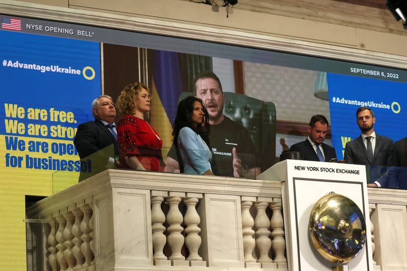 Ukraine's President Volodymyr Zelenskiy rings the opening bell the NYSE in New York