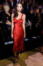 <p><strong>26 September</strong> Emily Ratajkowski sat on the front row for the Etam show<span> wearing a red satin dress.</span></p>