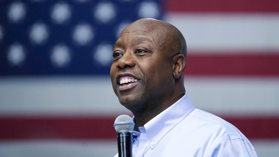 FILE - Sen. Tim Scott, R-S.C., speaks during a town hall, Monday, May 8, 2023, in Manchester, N.H. Scott has filed paperwork to enter the 2024 Republican presidential race. He'll be testing whether a more optimistic vision of America’s future can resonate with GOP voters who have elevated partisan brawlers in recent years. (AP Photo/Charles Krupa, File)