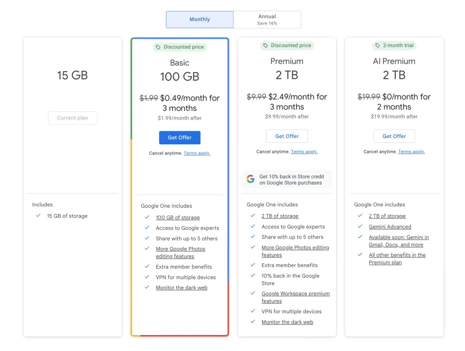 The new Google One tiers.