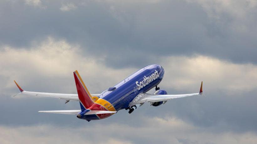 A Southwest Airlines Boeing 737 Max 8 airplane takes off from Baltimore-Washington Airport (BWI) in Baltimore, Maryland, US, on Friday, April 12, 2024.