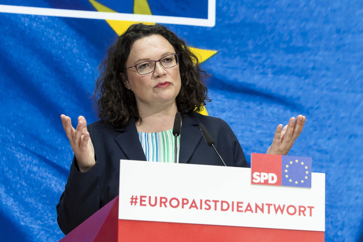 Chairwoman of the German Social Democratic Party (SPD) Andrea Nahles is pictured during a press conference at Willy-Brandt-Haus in Berlin, Germany on May 27, 2019. (Photo by Emmanuele Contini/NurPhoto via Getty Images)