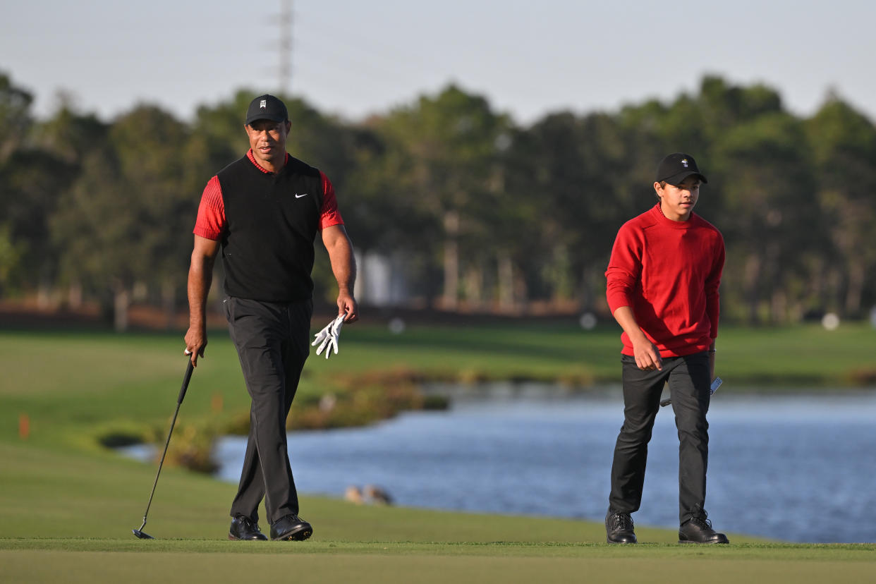 Tiger Woods and son Charlie in 2022. (Ben Jared/PGA TOUR via Getty Images)