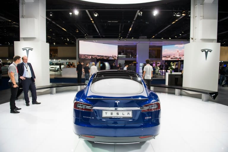 The Model S of US electric cars manufacturer Tesla Motors is seen during a press day in Frankfurt am Main, western Germany, on September 16, 2015