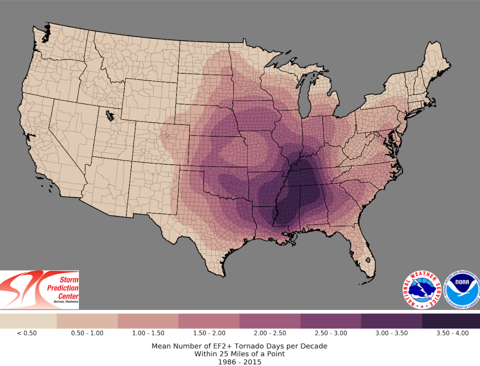 A map of severe tornadoes from 1986 to 2015 shows a large number in the Southeast. <a href="https://www.spc.noaa.gov/" rel="nofollow noopener" target="_blank" data-ylk="slk:NOAA Storm Prediction Center;elm:context_link;itc:0;sec:content-canvas" class="link ">NOAA Storm Prediction Center</a>