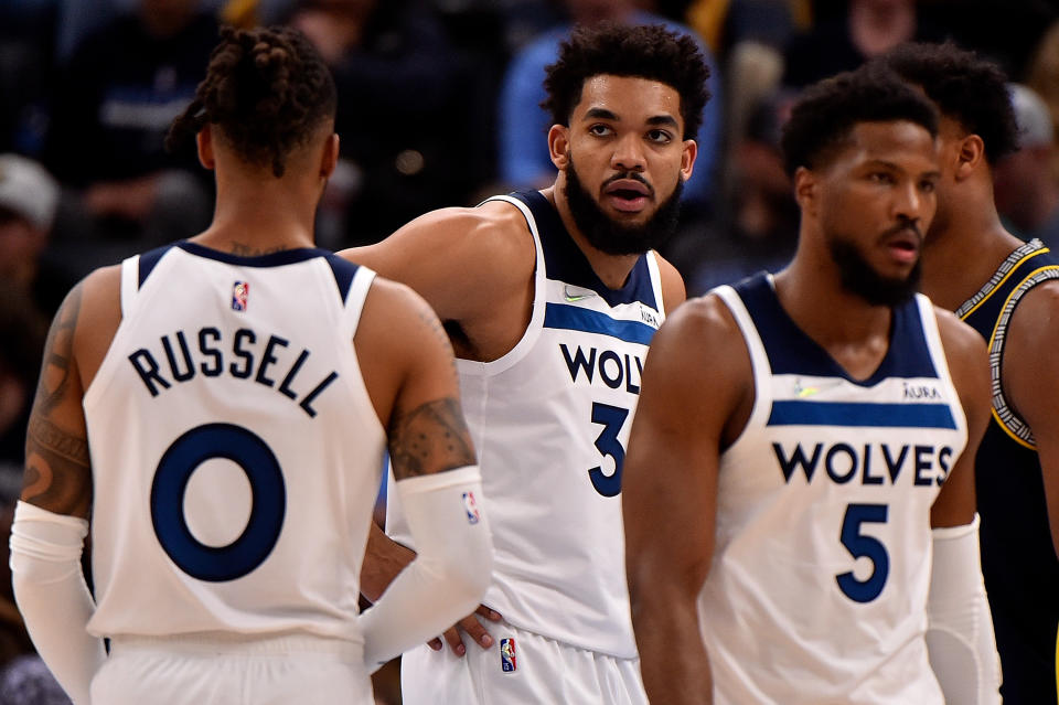 Minnesota Timberwolves players, including Karl-Anthony Towns, held a players-only meeting as they face elimination in their first-round NBA playoffs series against the Memphis Grizzlies. (Justin Ford/Getty Images)