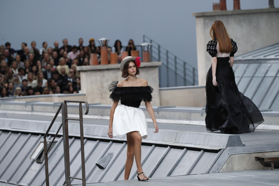 Model Kaia Gerber wears a creation as part of the Chanel Ready To Wear Spring-Summer 2020 collection, unveiled during the fashion week, in Paris, Tuesday, Oct. 1, 2019. (AP Photo/Francois Mori)