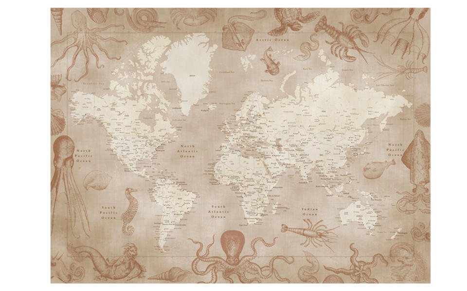 Minted Vintage World Map with Sea Monsters by Rosana Laiz