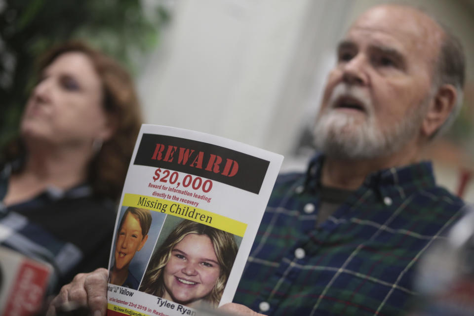 FILE - In this Tuesday, Jan. 7, 2020, file photo Kay and Larry Woodcock speak to members of the media at the Rexburg Standard Journal Newspaper in Rexburg, Idaho. The Woodcocks are offering $20,000 for information that leads to the recovery of Joshua Vallow and Tylee Ryan, who were last seen in September 2019. Their mother, Lori Vallow Daybell was charged in Idaho with murder conspiracy in the deaths of her two children and was also charged in Arizona with conspiring to murder her estranged husband Charles Vallow in 2019. (John Roark/The Idaho Post-Register via AP, File)