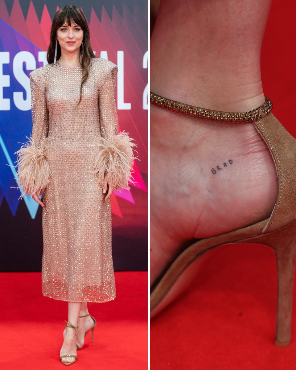 Dakota Johnson on a red carpet (left) and a tattoo on the side of her heel (right).