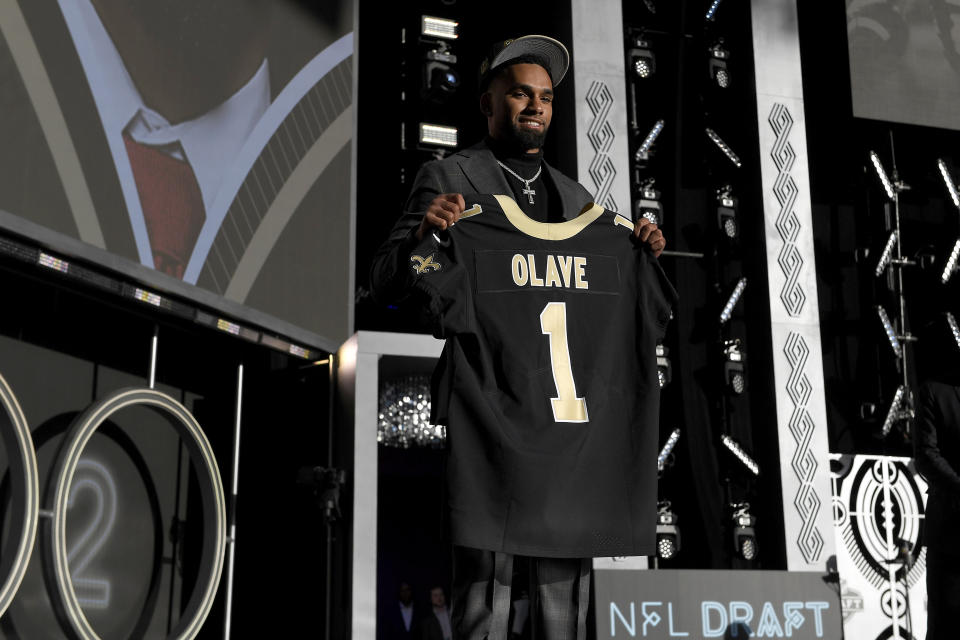 LAS VEGAS, NEVADA - APRIL 28: Chris Olave poses onstage after being selected 11th by the New Orleans Saints during round one of the 2022 NFL Draft on April 28, 2022 in Las Vegas, Nevada. (Photo by David Becker/Getty Images)