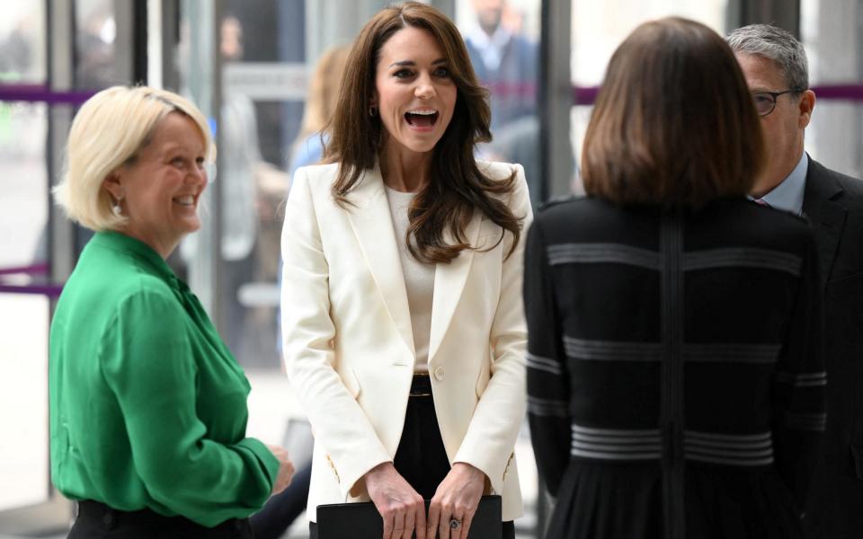 The Princess of Wales is greeted by NatWest CEO Alison Rose (L) upon her arrival at NatWest's headquarters - Reuters