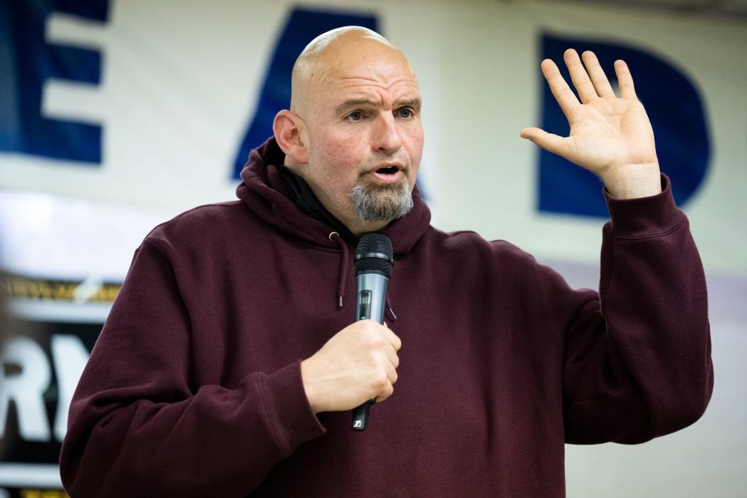 Democratic candidate for U.S. Senate Lt. Gov. John Fetterman, D-Pa., speaks during a rally at the UFCW Local 1776 KS headquarters in Plymouth Meeting, Pa., on Saturday, April 16, 2022.