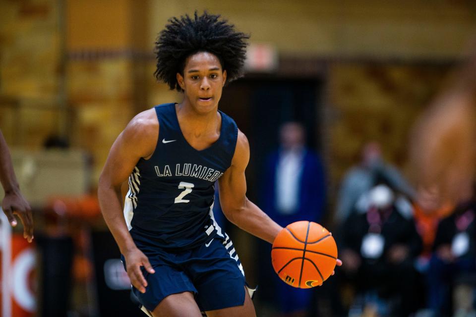 La Lumiere's Aden Holloway during the LaLumiere vs. Legacy Early College NIBC Tournament basketball game Thursday, Jan. 6, 2021 at the LaPorte Civic Auditorium. 