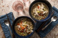 This image shows a recipe for chicken ramen noodle soup. More people are cooking at home these days, and when they do eat restaurant food, they’re often looking for comfort food, experts say. Other trends include simpler recipes, recipes with fewer ingredients, one-pot meals, sheet-pan meals, finger food and pantry-ingredient recipes, all up significantly year over year. (Cheyenne M. Cohen/Katie Workman via AP)