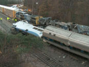 <p>In this image from video, train cars are smashed and derailed, Feb. 4, 2018 near Cayce. S.C. (Photo: WLTX TV via AP) </p>