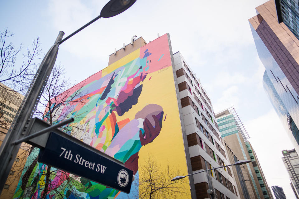 The mural, one of Calgary's biggest, on the side of the building