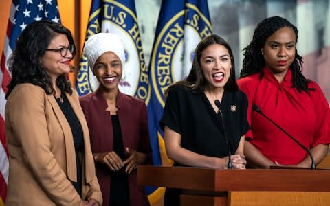 The left-wing Democratic congresswomen known as 'thh squad': Rashida Tlaib, Ilhan Omar, Alexandria Ocasio-Cortez and Ayanna Pressley [left to right] - Credit: JIM LO SCALZO/EPA-EFE/REX&nbsp;