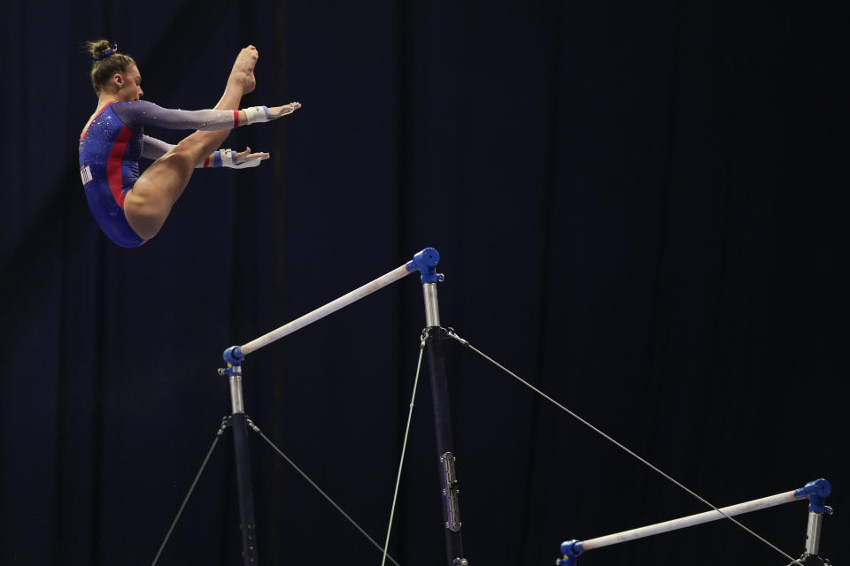 Grace McCallum competes on the uneven bars during the women's U.S. Olympic Gymnastics Trials Friday, June 25, 2021, in St. Louis. (AP Photo/Jeff Roberson)