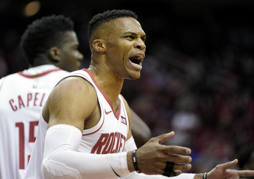 Houston Rockets' Russell Westbrook reacts after being called for a foul during the first half of an NBA basketball game against the LA Clippers Wednesday, Nov. 13, 2019, in Houston. (AP Photo/David J. Phillip)