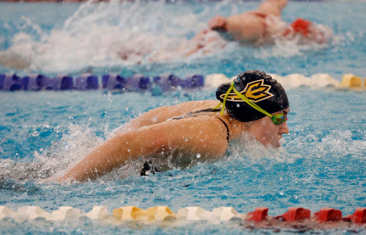 Victor’s Meredith Hogan won the Class A 100 butterfly with a time of 57.47.