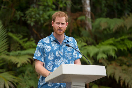 Britain's Prince Harry makes a speech during a dedication of the Colo-i-Suva forest to the Queen's Commonwealth Canopy in Suva, Fiji, October 24, 2018. Dominic Lipinski/Pool via REUTERS