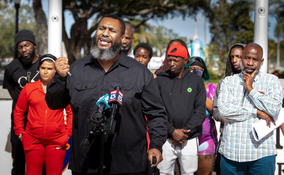 Carl Soto, vice president of Black Lives Matter Restoration Polk Inc., left introduces two more people who allege they were victims of excessive force by Lakeland police.