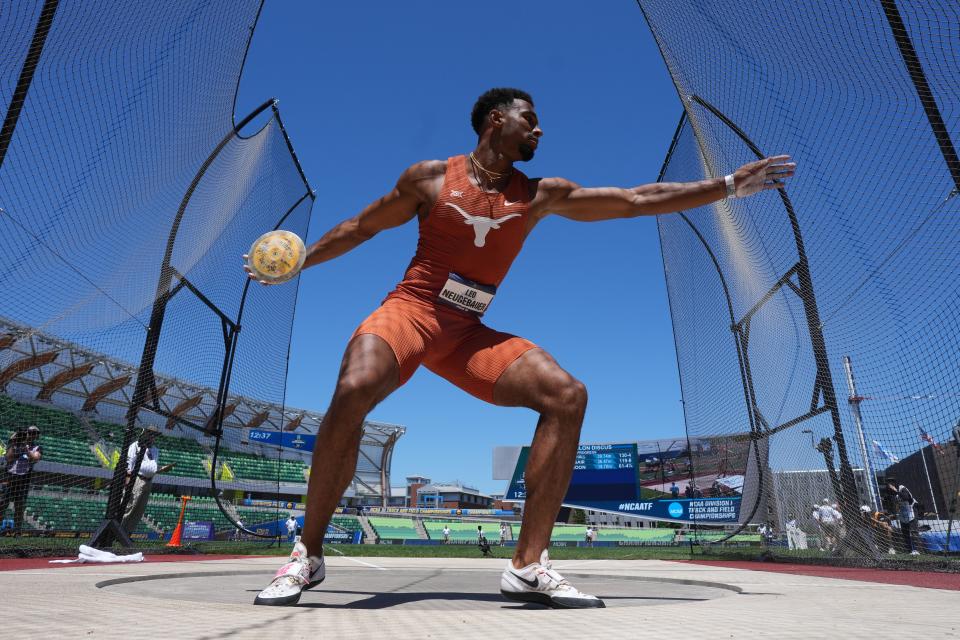 Texas' Leo Neugebauer throws his NCAA decathlon discus record of 189 feet, 4 inches at this year's NCAA Outdoor Championships in Eugene, Ore. The Longhorns All-American is a top medal contender in the decathlon.