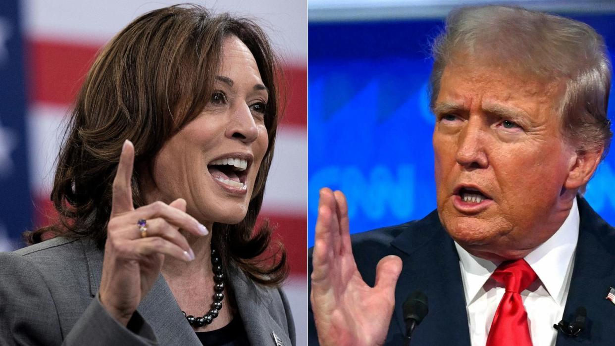 PHOTO: Vice President and Democratic presidential candidate Kamala Harris speaks on March 26, 2024, in Raleigh, North Carolina. | Former President and Republican presidential candidate Donald Trump speaks in Atlanta, Georgia, on June 27, 2024. (Brendan Smialowski/AFP via Getty Images | Andrew Caballe/AFP via Getty Images)