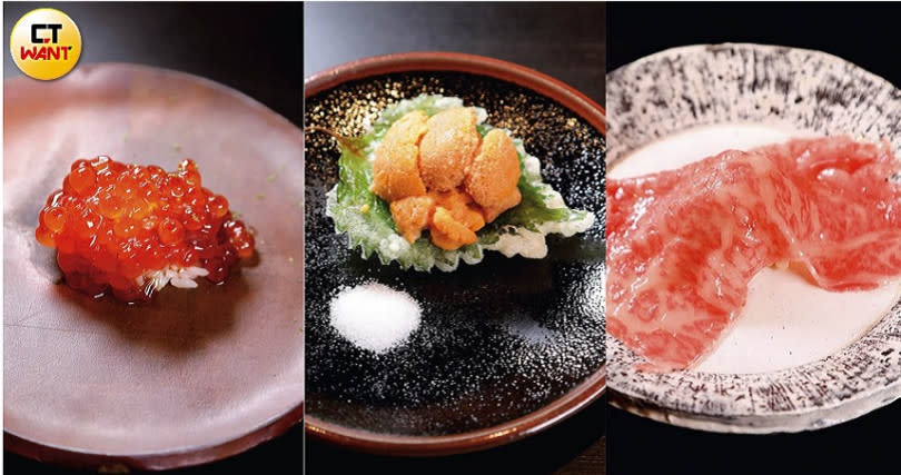 鮭魚卵散壽司（左，時價）、生海膽襯炸紫蘇葉（中，時價）、切片生和牛握壽司（右，時價）。（圖／許方正攝）