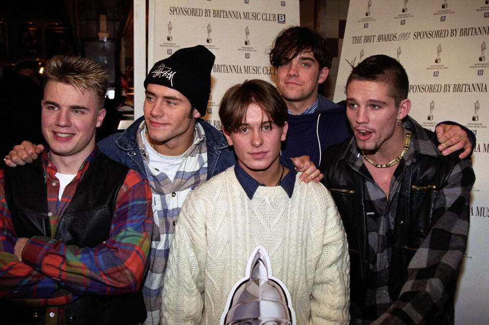 Take That, who are among the nominees for the Best British Newcomers award at the Music Industry Oscars, at the Hard Rock Cafe in London. (L - R) Gary Barlow, Howard Donald, Mark Owen, Robbie Williams and Jason Orange.