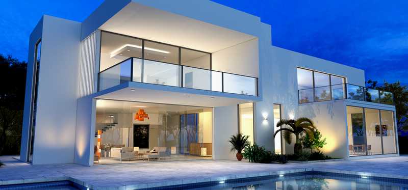 big luxurious modern-looking house with swimming pool