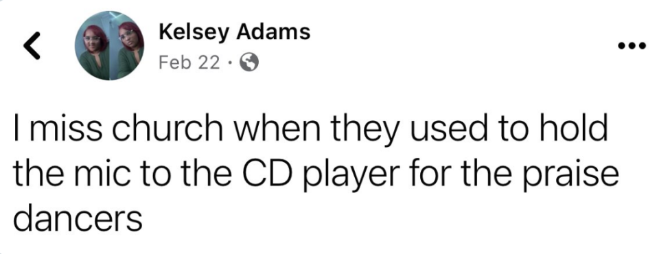 Screen capture of Kelsey Adams' post reminiscing about using a microphone and CD player during church dances