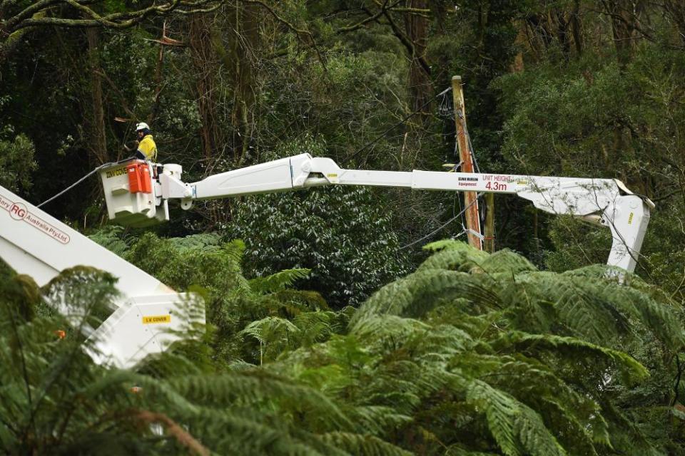 Constructions crews work to restore power lines in Olinda.