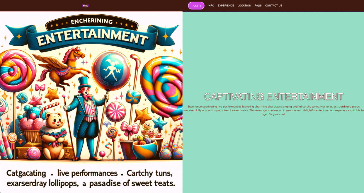 A screengrab from Willy's Chocolate Experience promises "captivating entertainment" and features many typos.<span class="copyright">www.willyschocolateexperience.com</span>