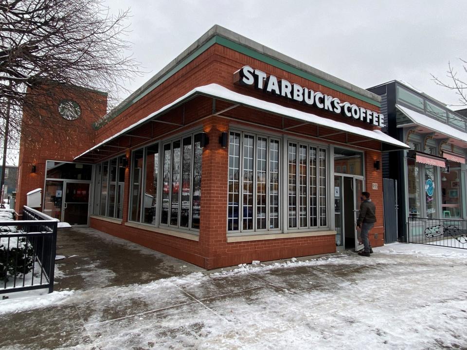 A Starbucks on a town street