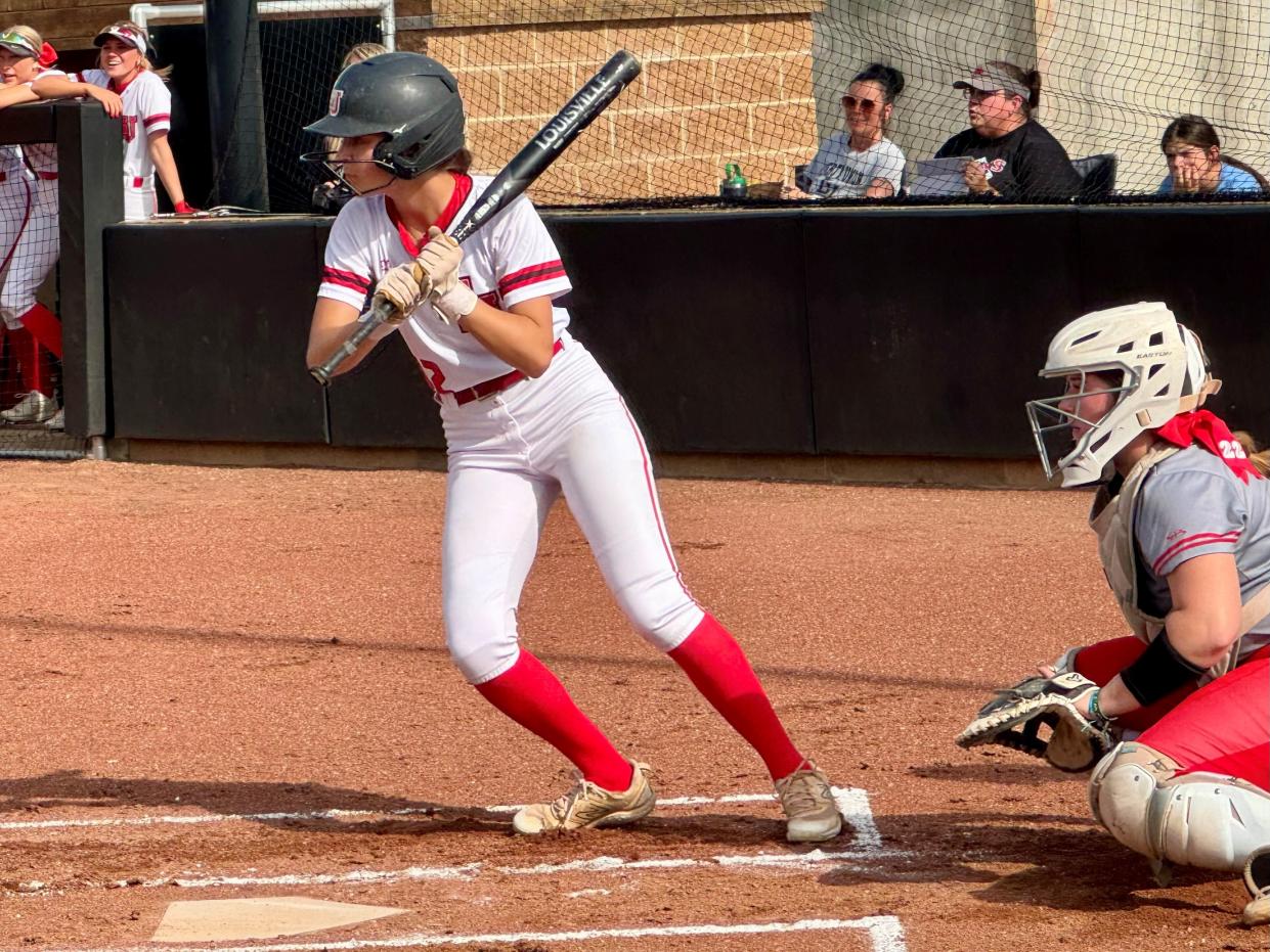 Liberty Union junior Payton Hochradel gets set to lay down a bunt during the Lions' Division III tournament opener against Marion Elgin. The Lions won 12-2 in six innings to advance to the district semifinal on Monday.