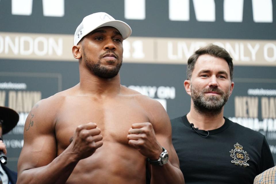 Anthony Joshua, left, with Hearn in March (Zac Goodwin/PA Wire)