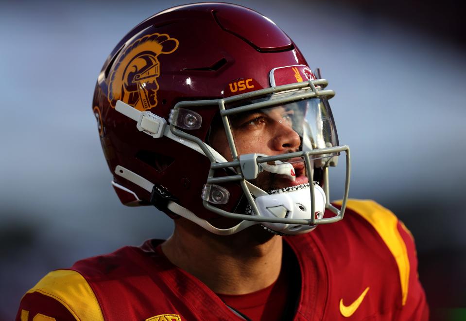 LOS ANGELES, CALIFORNIA - NOVEMBER 18: Caleb Williams #13 of the USC Trojans looks on during the second half of a game against the UCLA Bruins at United Airlines Field at the Los Angeles Memorial Coliseum on November 18, 2023 in Los Angeles, California. (Photo by Sean M. Haffey/Getty Images)