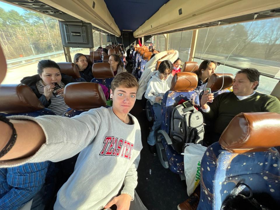 Carter Dixon, a first-year construction management major student a Texas Tech, traveling on a 25-hour bus ride to watch Texas Tech play in the TaxAct Texas Bowl game in Houston.