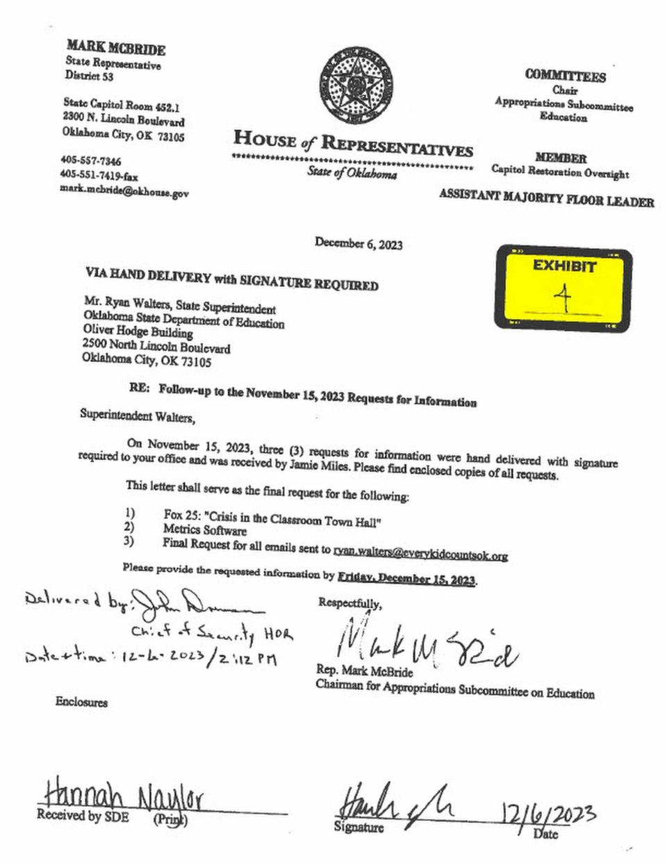 Subpoena issued to Oklahoma State Superintendent Ryan Walters by Oklahoma lawmakers for documents and information on the amount of tax dollars being spent by the Oklahoma State Department of Education. Provided