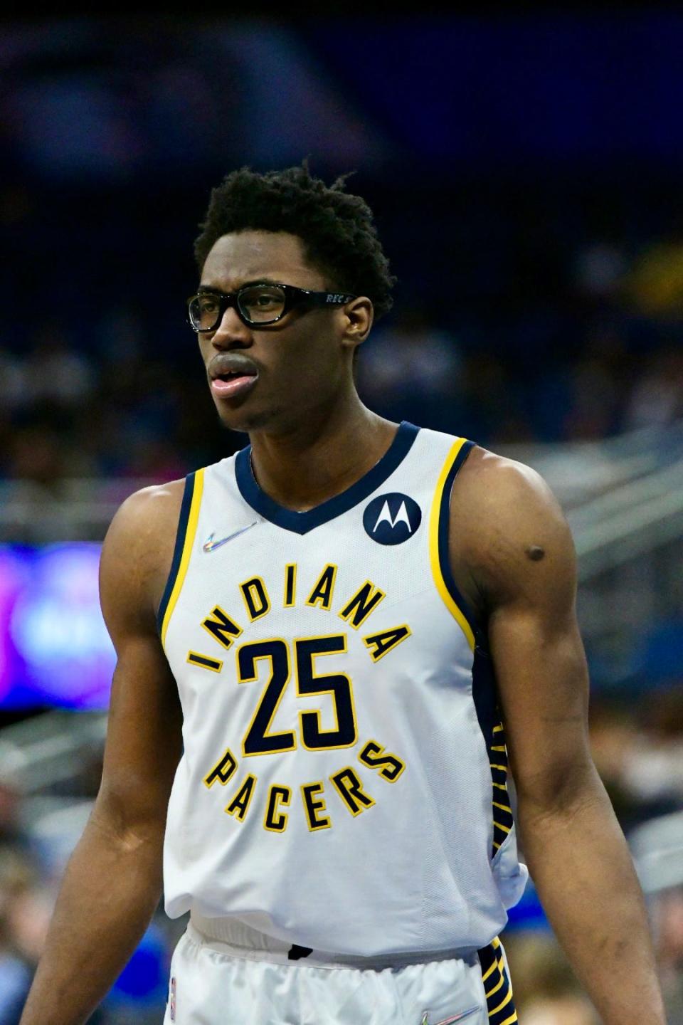 Indiana's Jalen Smith disagrees with a call as the Magic host the Pacers at Amway Center in Orlando on Feb. 28, 2022.