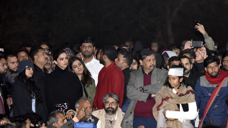 NEW DELHI, INDIA - JANUARY 7: Actor Deepika Padukone is seen at a gathering at JNU in solidarity with the students against Sundayâs violence in the presence of JNUSU president Aishe Ghosh and CPI(M) leader Kanhaiya Kumar on January 7, 2020 in New Delhi, India. On Sunday, a mob of masked young people stormed the JNU campus in south Delhi and systematically targeted students in three hostels, unleashing mayhem with sticks, stones and iron rods, hitting inmates and breaking windows, furniture and personal belongings. At least 30 people including students and teachers injured. They also attacked a women's hostel. Left and ABVP are blamed each other for the attack. (Photo by Vipin Kumar/Hindustan Times via Getty Images)