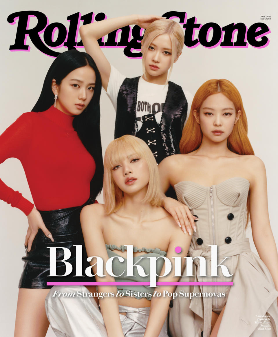 Blackpink photographed in Seoul, South Korea, on April 9, 2022, by Peter Ash Lee. - Credit: Photograph by Peter Ash Lee for Rolling Stone. Fashion direction by Alex Badia. Produced by Katt Kim at MOTHER. Set design by Minkyu Jeon. Styling by Minhee Park. Hair by Lee Seon Yeong. Makeup by Myungsun Lee. Nails by Eunkyoung Park. Jisoo, Top and Bottom: Courreges; Earring: Cartier. Lisa, Top: Ganni; Pants: Songe Creux. Rosé, Top and Bottom: Courreges; Corset: Dion Lee; Vest: Saint Laurent by Yoox. Jennie, Dress: Jean Paul Gaultier (Gaultier Paris by Sacai)