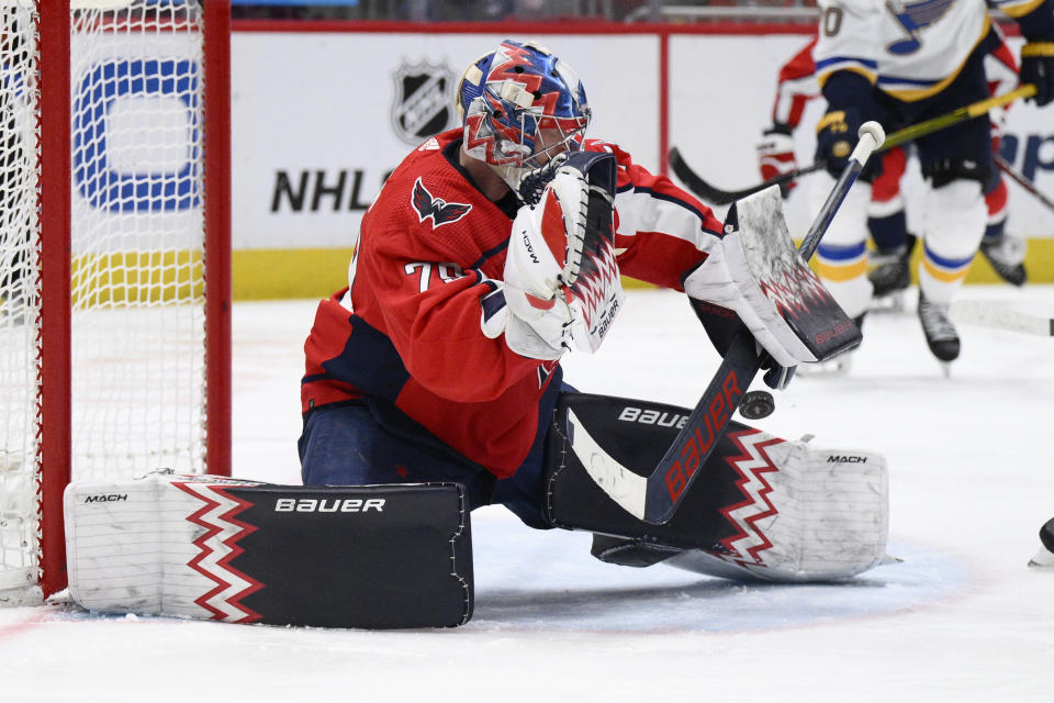 Washington Capitals goaltender Charlie Lindgren (79) stops the puck during the second period of the team's NHL hockey game against the St. Louis Blues, Thursday, Jan. 18, 2024, in Washington. (AP Photo/Nick Wass)