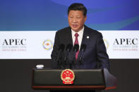 China's President Xi Jinping speaks during the APEC CEO Summit 2018 in Port Moresby, Papua New Guinea, Saturday, Nov. 17, 2018. (Fazry Ismail/Pool Photo via AP)