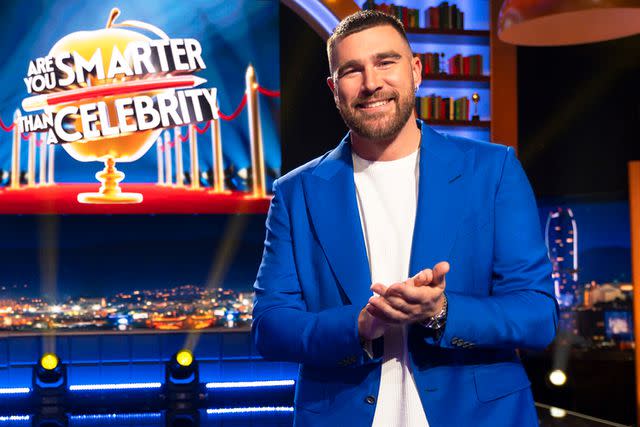 <p>Adam Rose/Prime Video</p> Travis Kelce in Are You Smarter Than a Celebrity?